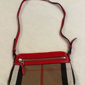 Burberry Red Leather House and Check Canvas Farley Bag